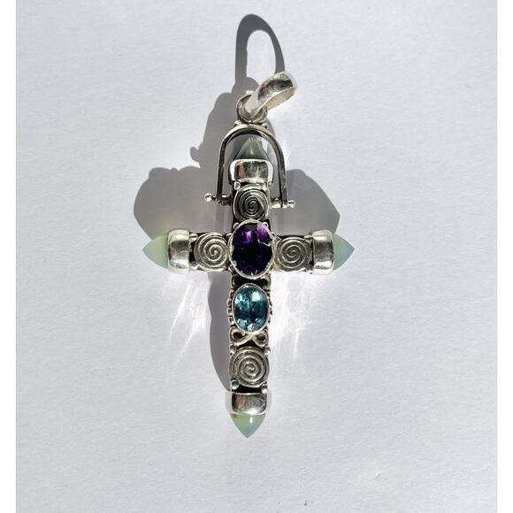 Nicky Butler-Style .925 Silver & Semi-Precious Gemstone Large Cross Pendant 3” - Picture 2 of 7